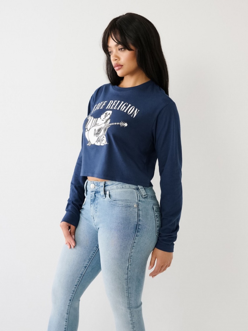 Chemise à Manches Longues True Religion Logo Crop Femme Bleu | VEI-40436332