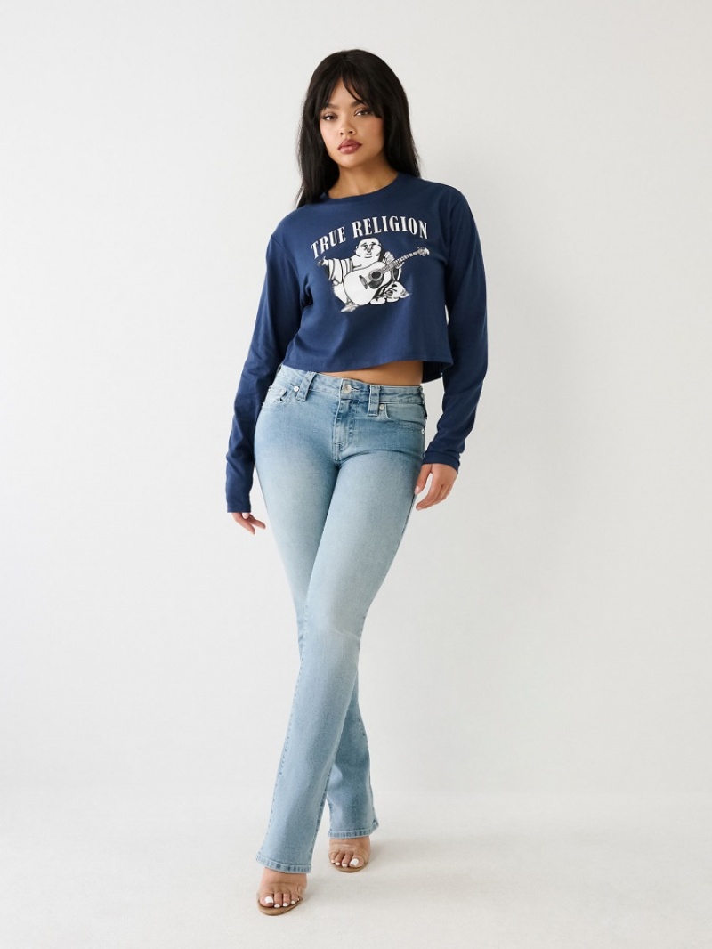 Chemise à Manches Longues True Religion Logo Crop Femme Bleu | VEI-40436332