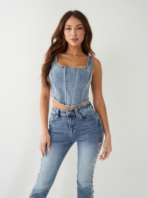 Hauts True Religion Dentelle Up Denim Corset Femme Bleu Orange | PWJ-23473627