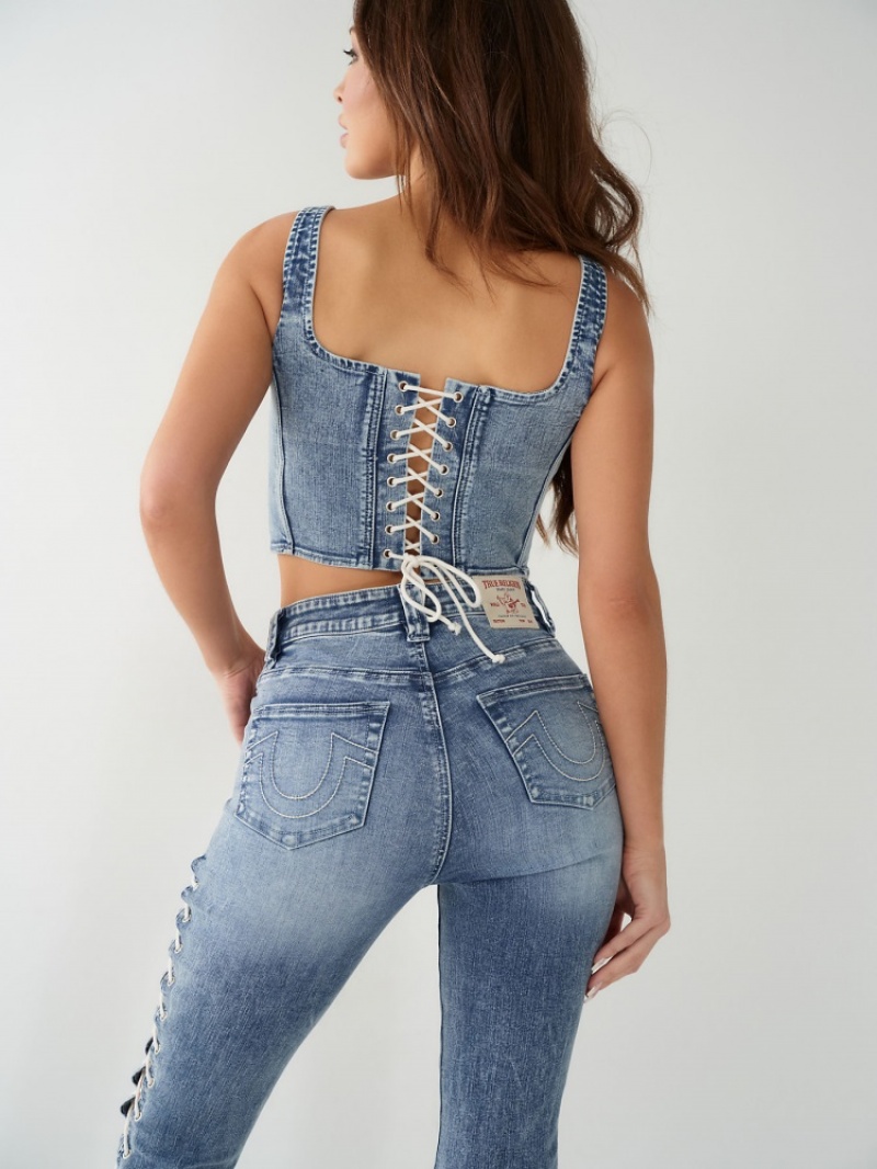 Hauts True Religion Dentelle Up Denim Corset Femme Bleu Orange | PWJ-23473627