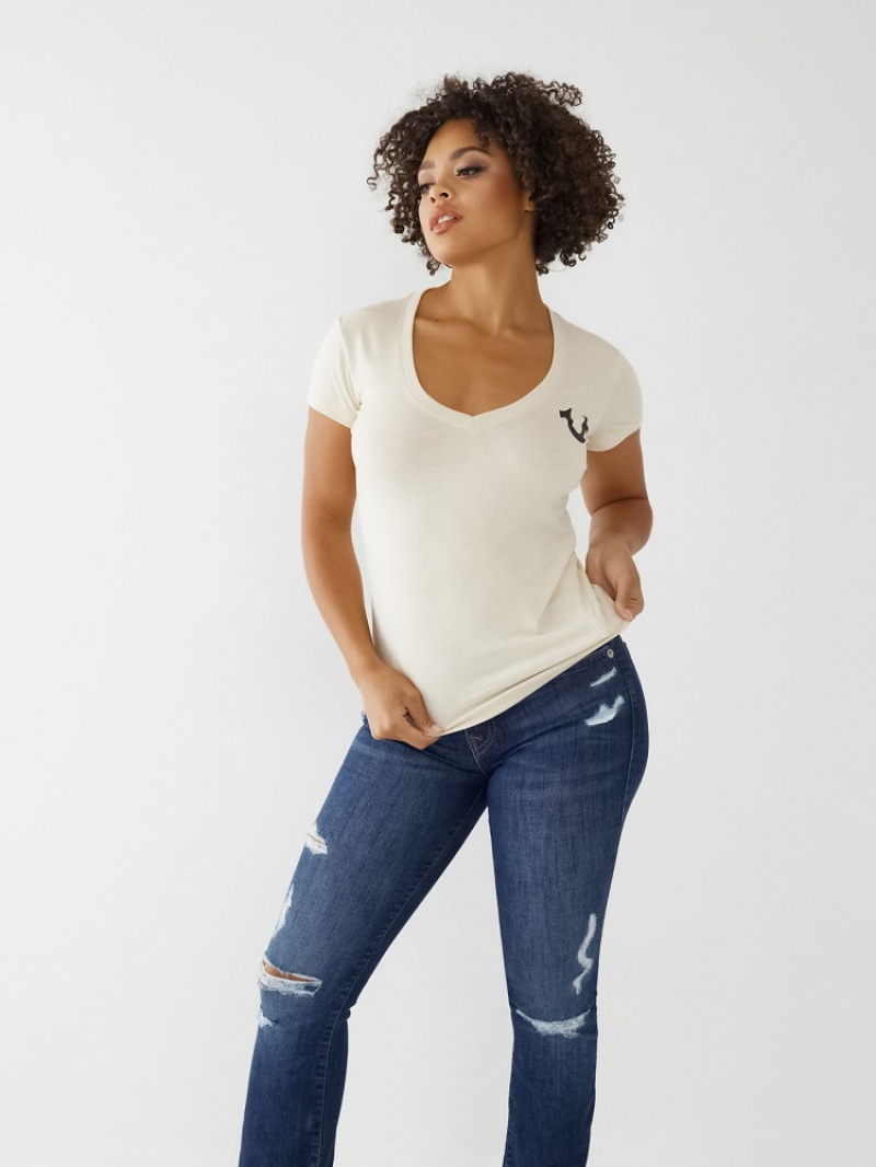 T Shirts True Religion Logo V Femme Blanche Bleu Marine | MJG-50649317