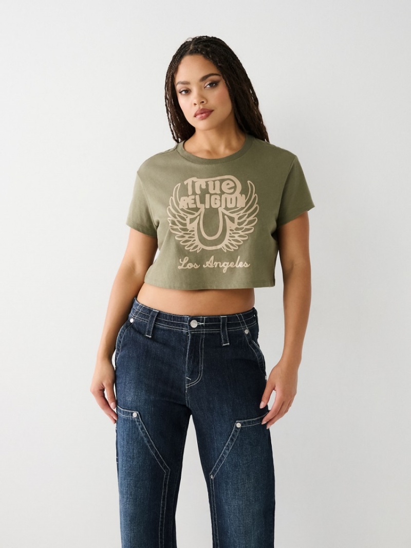 T Shirts True Religion Logo Crop Femme Jaune | HBR-76467029