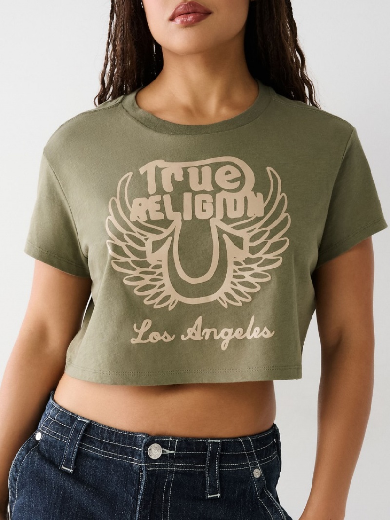 T Shirts True Religion Logo Crop Femme Jaune | HBR-76467029