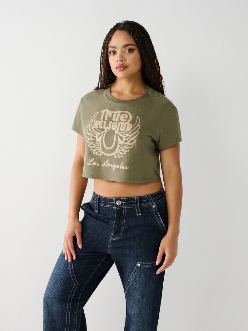 T Shirts True Religion Logo Crop Femme Jaune | HBR-76467029