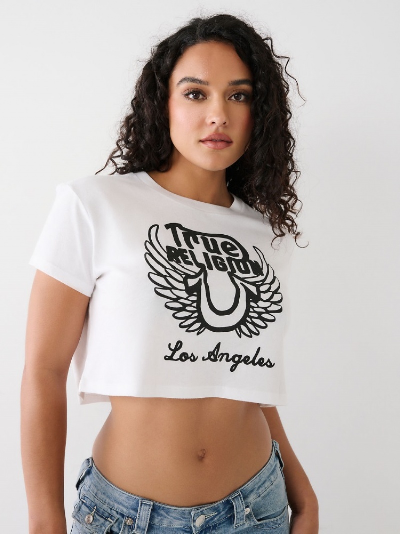 T Shirts True Religion Logo Crop Femme Blanche Noir | GGF-75135039