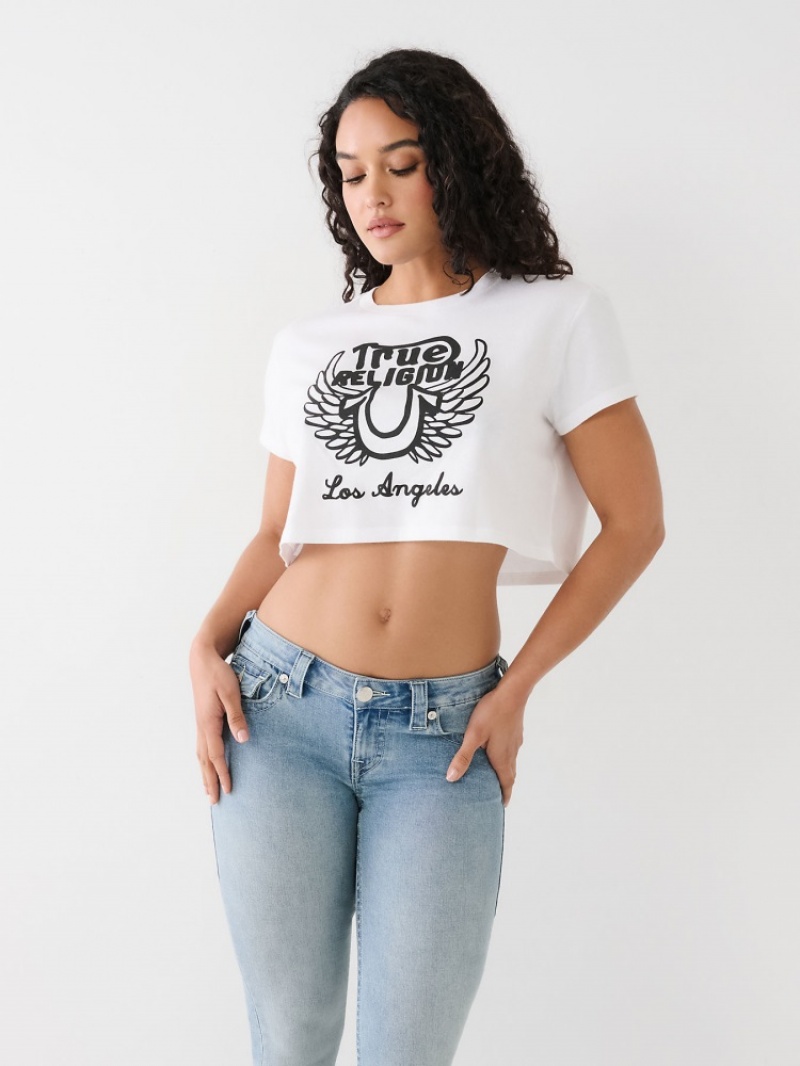 T Shirts True Religion Logo Crop Femme Blanche Noir | GGF-75135039