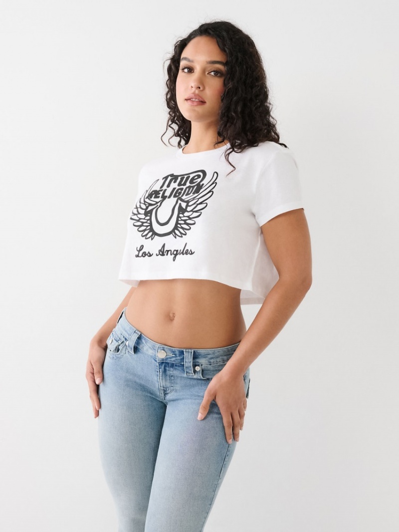 T Shirts True Religion Logo Crop Femme Blanche Noir | GGF-75135039