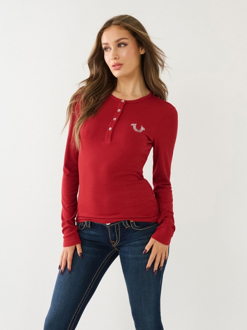 Hauts True Religion Crystal Horseshoe Logo Henley Shirt Femme Bleu Marine | FHE-34218278