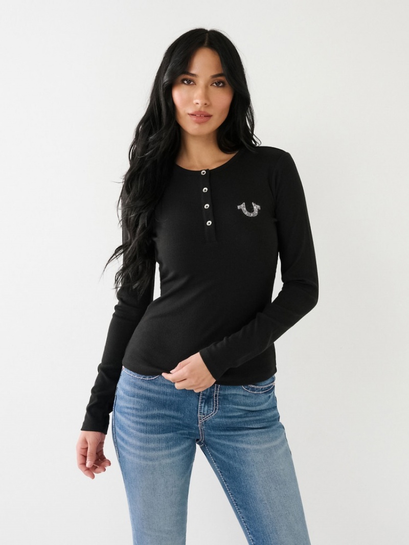 Hauts True Religion Crystal Horseshoe Logo Henley Shirt Femme Blanche Bleu Marine | GMG-01173713