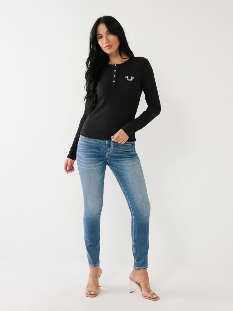 Hauts True Religion Crystal Horseshoe Logo Henley Shirt Femme Blanche Bleu Marine | GMG-01173713