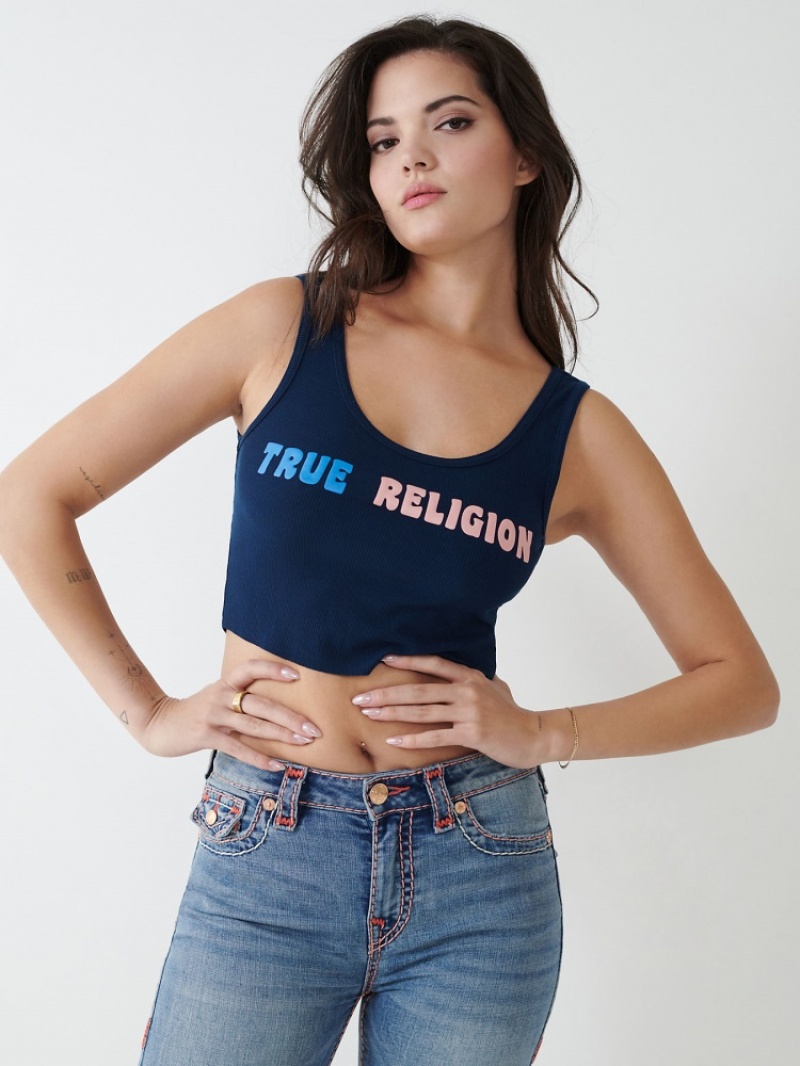 Debardeur True Religion Logo Crop Femme Bleu Orange | HPA-85078039