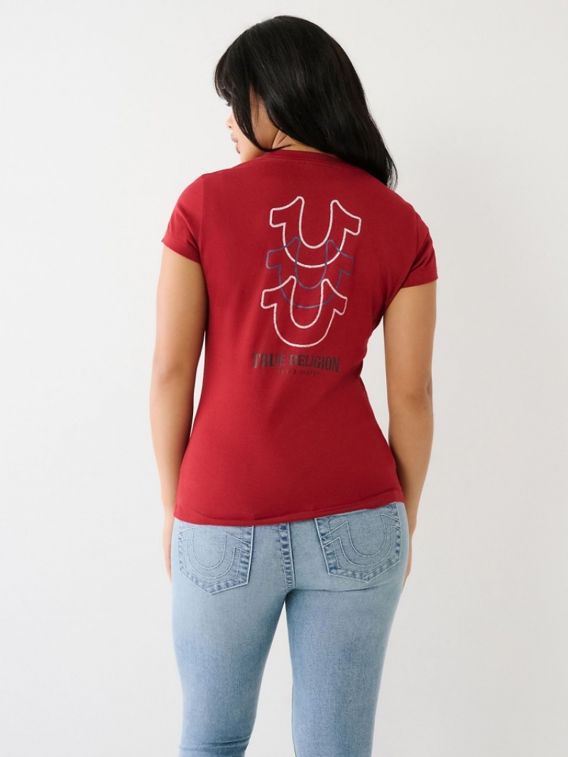 T Shirts True Religion Horseshoe Logo V Femme Blanche Bleu Marine | YKM-19102338