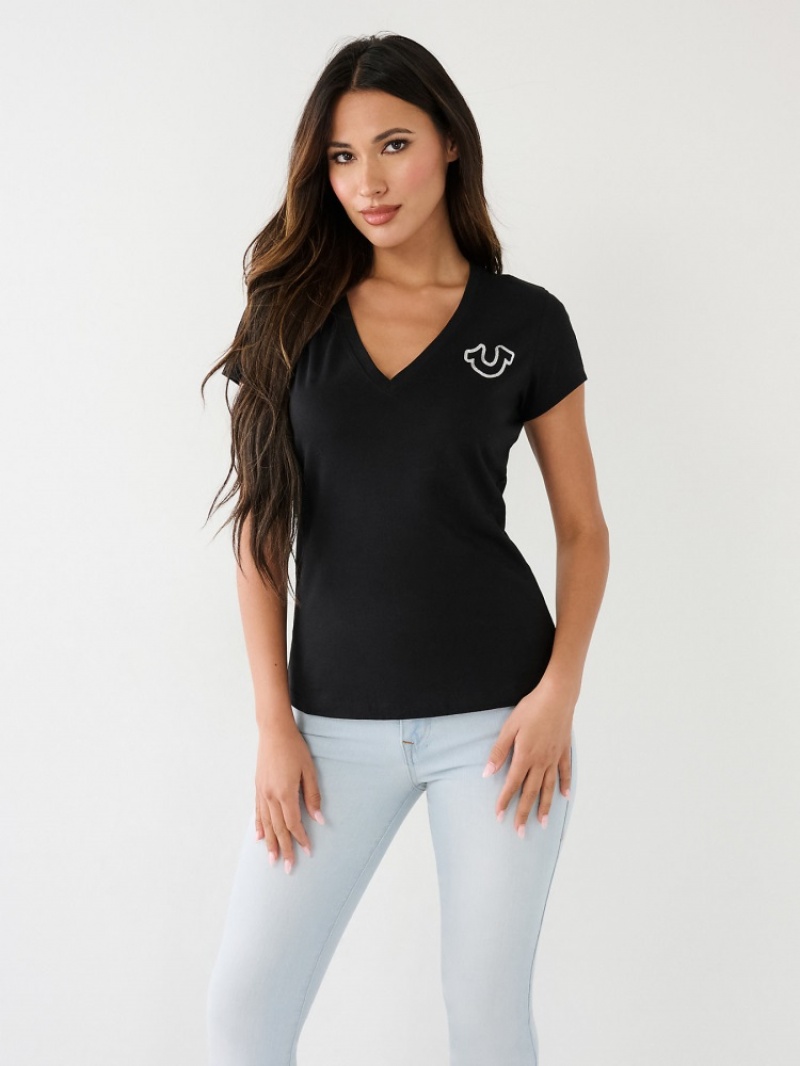 T Shirts True Religion Horseshoe Logo V Femme Bleu | DLG-30275295