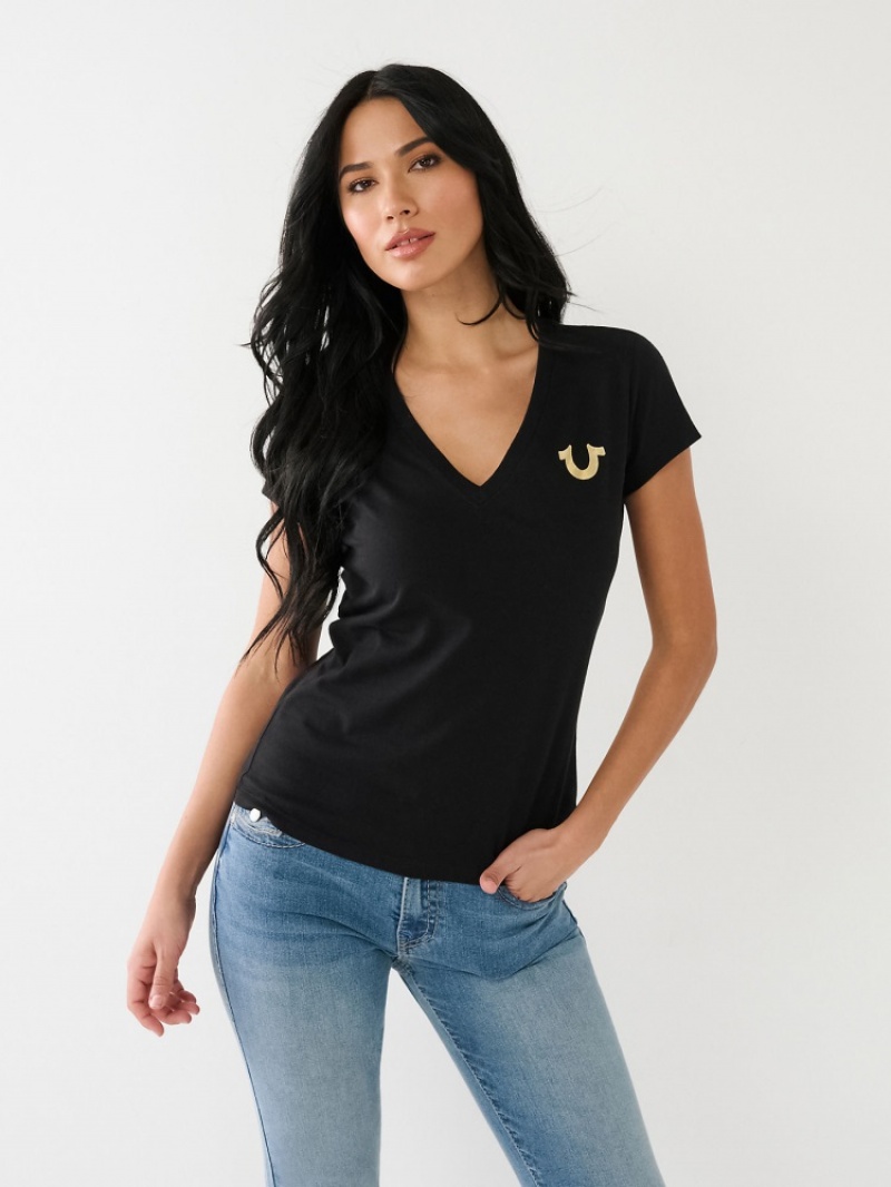 T Shirts True Religion Horseshoe Logo V Femme Blanche Noir | XFK-26672816