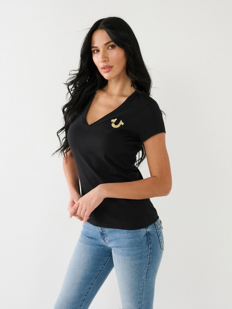 T Shirts True Religion Horseshoe Logo V Femme Blanche Noir | XFK-26672816