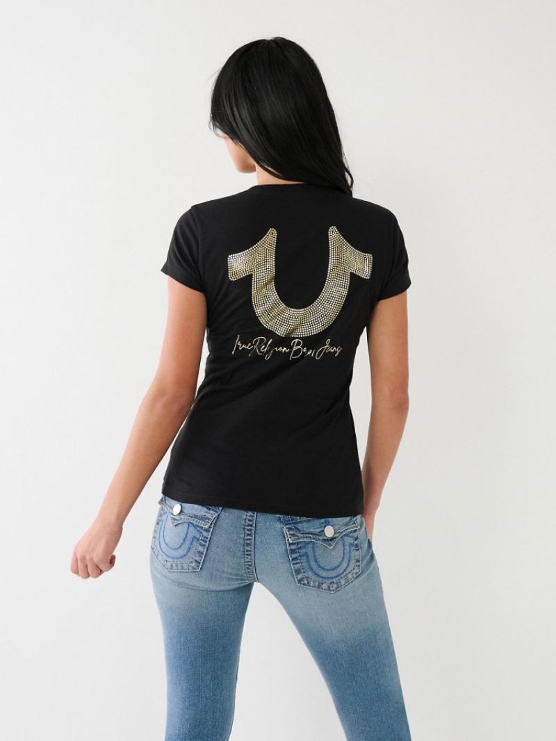 T Shirts True Religion Horseshoe Logo V Femme Blanche Noir | XFK-26672816