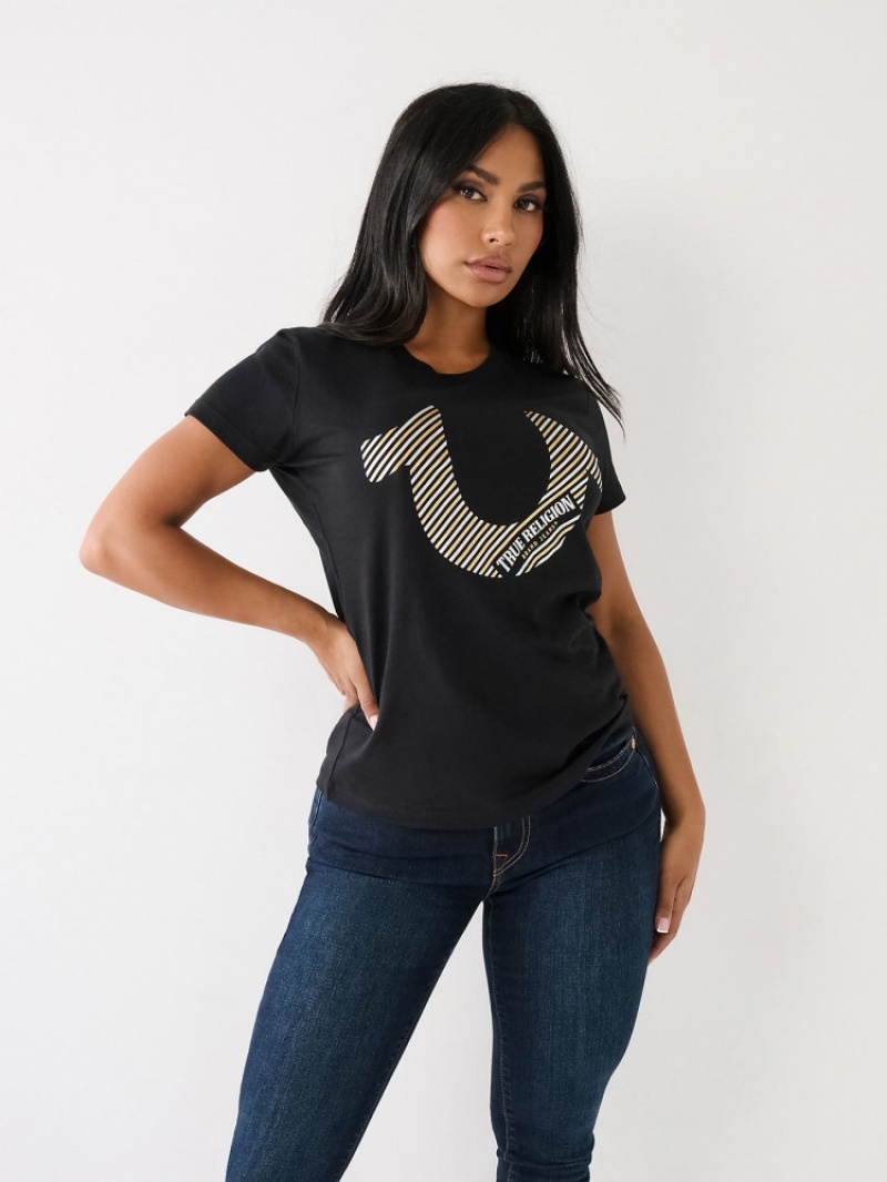 T Shirts True Religion Horseshoe Logo Femme Noir | PQB-01938646