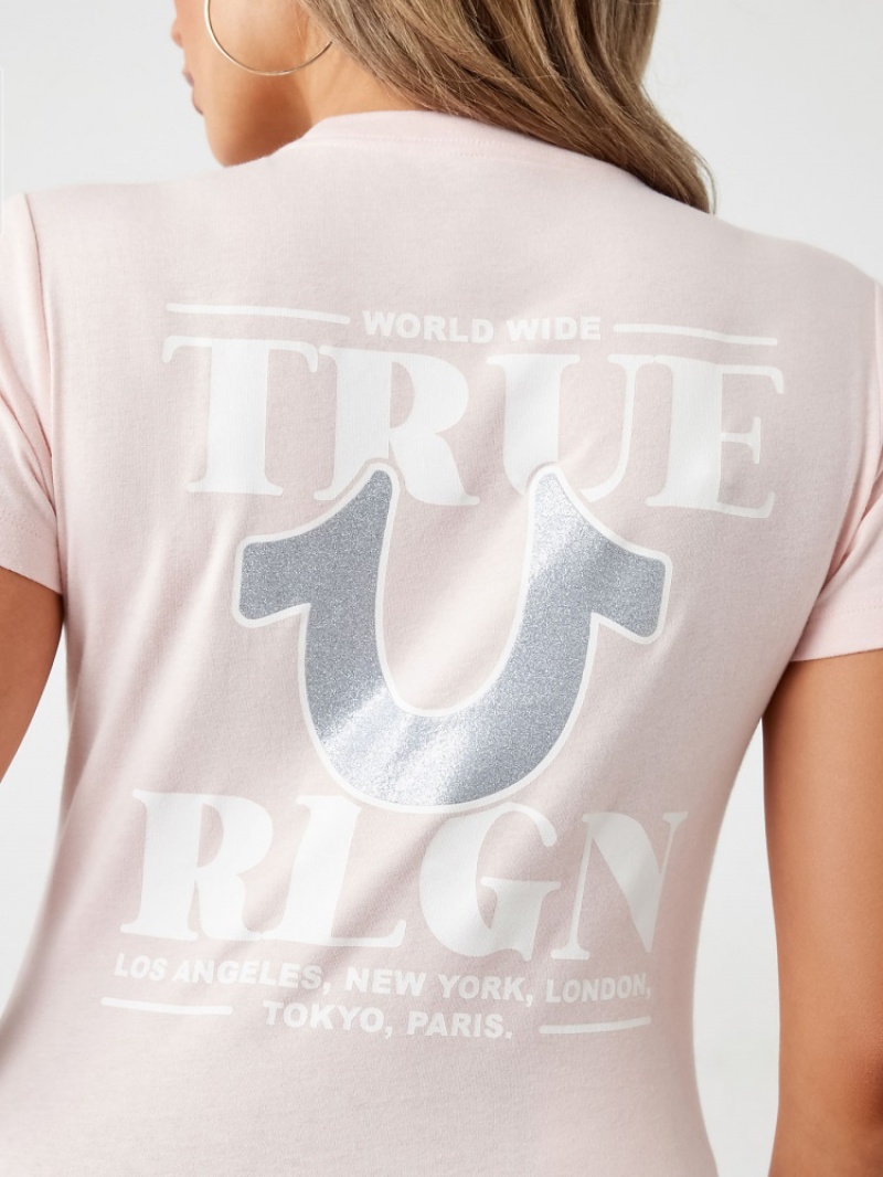 T Shirts True Religion Glitter World Larges Logo Femme Bleu | AXM-81979415