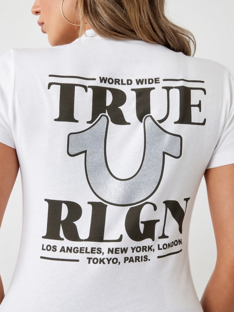 T Shirts True Religion Glitter World Larges Logo Femme Beige | VUZ-67224965