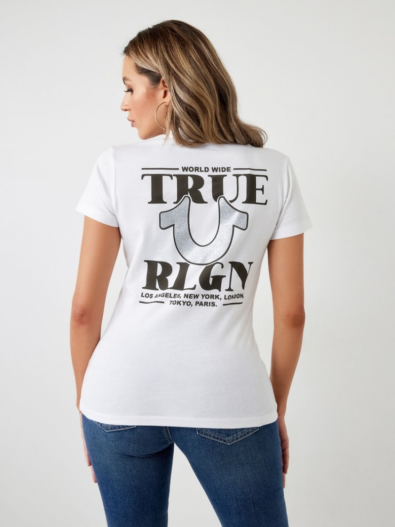 T Shirts True Religion Glitter World Larges Logo Femme Beige | VUZ-67224965