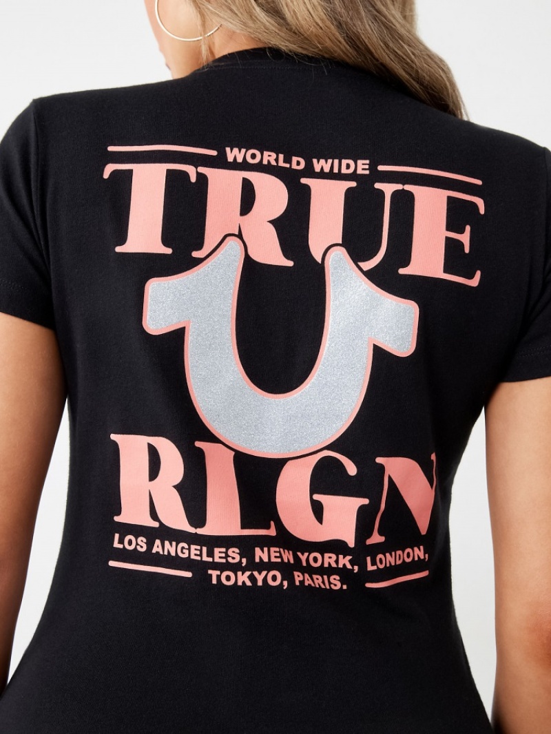 T Shirts True Religion Glitter World Larges Logo Femme Jaune | LFD-93309798